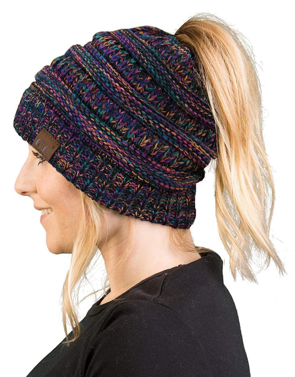 3084 Winter Hat with Ponytail Hole, Criss Cross Beanie Bun Hat 2 Pack